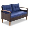 GO 4-Piece Garden Furniture, Patio Seating Set, PE Rattan Outdoor Sofa Set, Wood Table and Legs, Brown and Blue