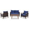 GO 4-Piece Garden Furniture, Patio Seating Set, PE Rattan Outdoor Sofa Set, Wood Table and Legs, Brown and Blue