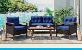 GO 4-Piece Garden Furniture, Patio Seating Set, PE Rattan Outdoor Sofa Set, Wood Table and Legs, Brown and Blue