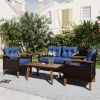 GO 4-Piece Garden Furniture, Patio Seating Set, PE Rattan Outdoor Sofa Set, Wood Table and Legs, Brown and Blue