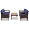 GO 4-Piece Garden Furniture, Patio Seating Set, PE Rattan Outdoor Sofa Set, Wood Table and Legs, Brown and Blue